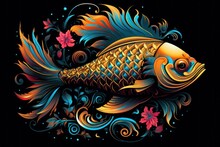  A Gold Fish With Blue And Orange Swirls On It's Body And A Red Flower In The Middle Of The Fish's Body, On A Black Background.