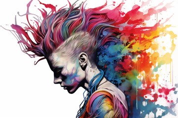 Wall Mural -  a painting of a man's face with multi - colored paint splatters all over it and his hair in the middle of his face is pulled back.