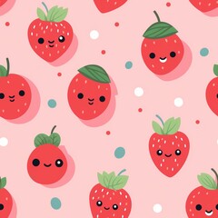 Wall Mural - Cute Kawaii Strawberry Seamless Pattern