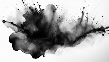 Black Ink Watercolor Flow Blot With Drops Splash Abstract Texture Color Stain On White Background