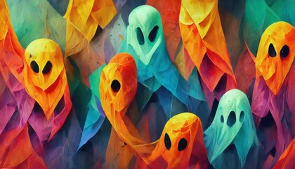 Wall Mural - a colorful abstract ghosts pattern of geometric shapes halloween theme decoration zombies in the style of intertwining materials thin steel forms photorealistic details polychrome terracotta