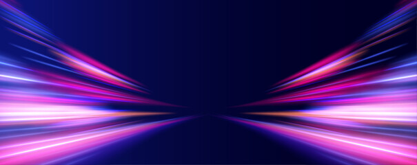 Leinwandbilder - Abstract background in blue and purple neon glow colors. Vector blue glowing lines air flow effect. Speed connection background.	