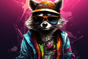 Wall Mural -  a painting of a raccoon wearing a hat, sunglasses, and a jacket with paint splatters all over it and wearing a baseball cap and sunglasses.