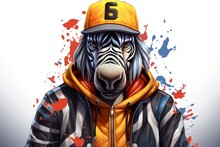  A Drawing Of A Zebra Wearing A Baseball Cap And A Jacket With The Number Six On It's Face And Wearing A Baseball Cap With The Number Six On It's Face.