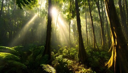 Wall Mural - dark rainforest sun rays through the trees rich jungle greenery atmospheric fantasy forest 3d illustration