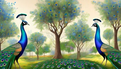 Wall Mural - graphic illustration of a peacocks and trees design for interior project wallpaper photo wallpaper mural poster home decor card packaging