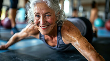 Senior Woman in Fitness Class in a Plank Pose Smiling