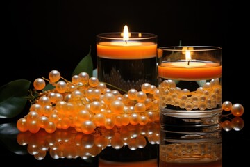 Poster -  a couple of candles sitting on top of a table next to a vase filled with pearls and a candle on top of a table next to a bunch of leaves.