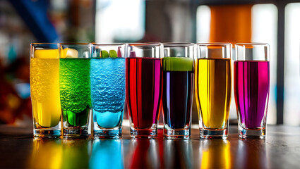 Refreshing colorful drinks on a bar counter.