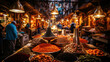 A bustling marketplace in a Middle Eastern city with vibrant stalls spices and textiles.