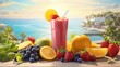  a smoothie with strawberries, oranges, lemons, blueberries, and raspberries on a table with a view of the ocean and palm trees.