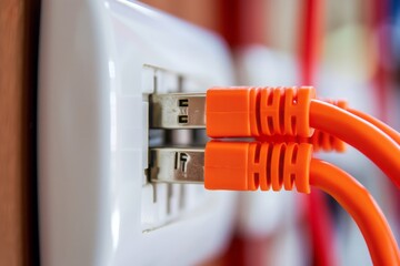 Close-up of an orange ethernet cable plugged into a white socket