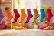 Colorful socks flying around the room on a bright background