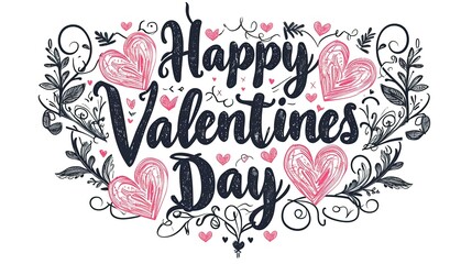 Sticker - Wallpaper with Happy Valentines Day text handwritten and hearts on the white background