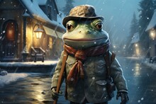  A Frog Wearing A Hat And Scarf Standing In Front Of A Snow Covered Street With A Lamp Post And A House In The Background With Snow Falling Off The Roof.