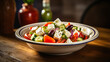 A fresh Greek salad with feta olives and tomatoes in a ceramic bowl.