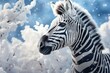  a close up of a zebra in a field of snow with snow flakes on the ground and trees in the foreground, with a blue sky in the background.