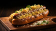 A hearty German bratwurst with sauerkraut and mustard on a wooden plate.