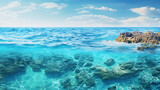 Fototapeta Do akwarium - An aerial view of a coral reef in clear blue ocean waters.