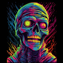 Colorful Neon T-shirt Print With Abstract Skull Mummy, Generative AI