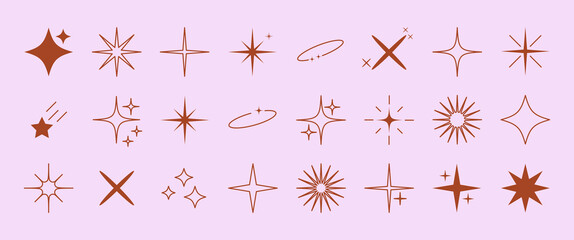 Wall Mural - set of star shapes. sparkle icons collection. abstract shine symbols, y2k elements. perfect for desi