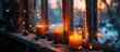 Warm candlelight on a windowsill. Festive winter atmosphere.