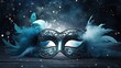 blue masquerade mask with fluffy white feathers and silver glitter