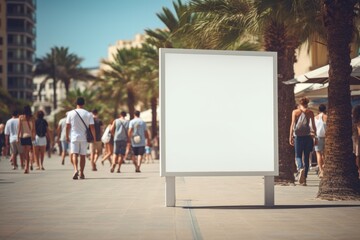 Amidst the hustle of a sunlit boulevard, a blank billboard surrounded by a diverse crowd, offering endless possibilities for a future advertisement