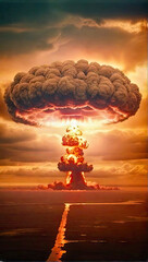 Wall Mural - Terrible explosion of a nuclear bomb with a mushroom with road at night. Hydrogen bomb test. Nuclear catastrophe. Way to nuclear war