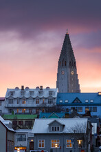 Sunset Over The Hallgrimska Cathedral And Houses Of The Center, Reykjavik, Iceland