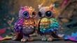 two owls in the nest, Get lost in the endearing world of Chibi knit night owls, standing in unity, with yarn feathers that mimic the colors of the rainbow. The stunning 8k resolution and perfect light