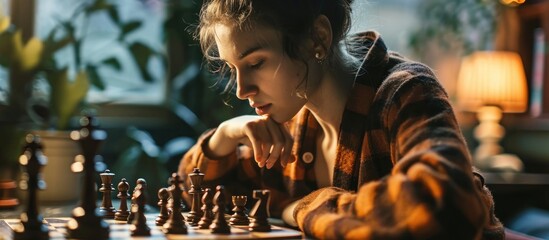 Canvas Print - Woman playing chess at home.