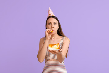 Poster - Beautiful young woman with tasty birthday cake and noisemaker on lilac background