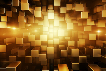 Abstract geometric metallic gold 3d texture wall with squares and square cubes background banner illustration with glowing lights, textured metal wallpaper