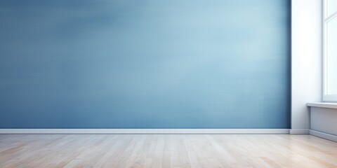 Interior with blue wall and beige wooden floor. Background for mockup.