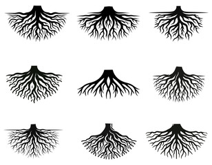 Set of tree roots black silhouette, vector illustration.