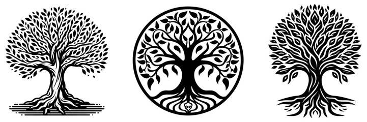 Tree of life set, tree branch with leaves signs. natural plant design elements emblems, organic nature symbols, vector illustration.