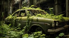 Car Wreck With Plants Growing In An Abandoned City.