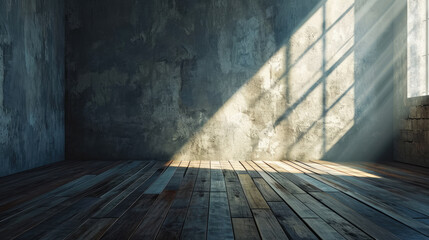 Empty old room with wooden floor and shadow and light from windows.