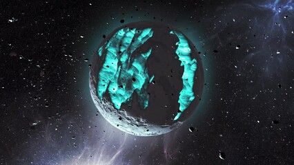 Wall Mural - dying alien planet with blue magma in deep space cinematic view of dead planet,4k. 2024