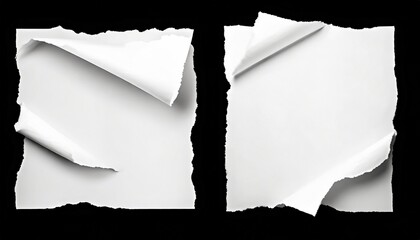 two sheets of white torn paper with folds isolated on a black background