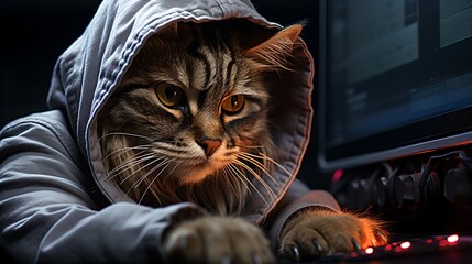 Wall Mural - Cat in a gray hoodie is hacking into a computer