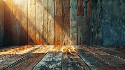 Poster - Wooden wall and floor with sunlight