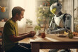 Home interior view with young man sitting at the table with domestic robot IA eating together like friend. Concept of future lifestyle for people. Technology and next generation. Sunlight outside