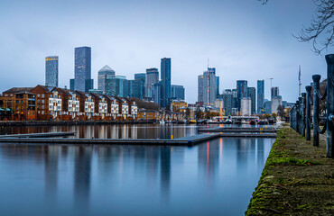 Wall Mural - View of skyscrapers in London city as seen from Surrey docks, England