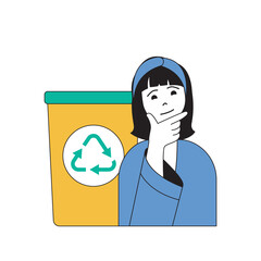 Fototapete - Ecology concept with cartoon people in flat design for web. Woman collecting garbage to separate bins for recycling trash and reuse. Vector illustration for social media banner, marketing material.