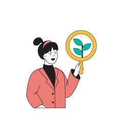 Poster - Ecology concept with cartoon people in flat design for web. Woman with magnifier doing scientific botanical researches of plants. Vector illustration for social media banner, marketing material.