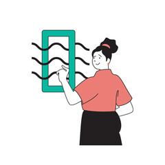 Poster - Ecology concept with cartoon people in flat design for web. Woman uses alternative electricity energy and eco friendly technology. Vector illustration for social media banner, marketing material.