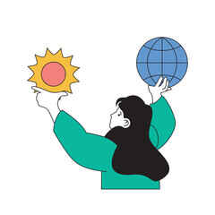 Aufkleber - Ecology concept with cartoon people in flat design for web. Eco friendly woman protecting earth planet and using renewable resources. Vector illustration for social media banner, marketing material.