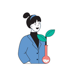 Poster - Ecology concept with cartoon people in flat design for web. Woman scientist making research of plants in test tube in laboratory. Vector illustration for social media banner, marketing material.
